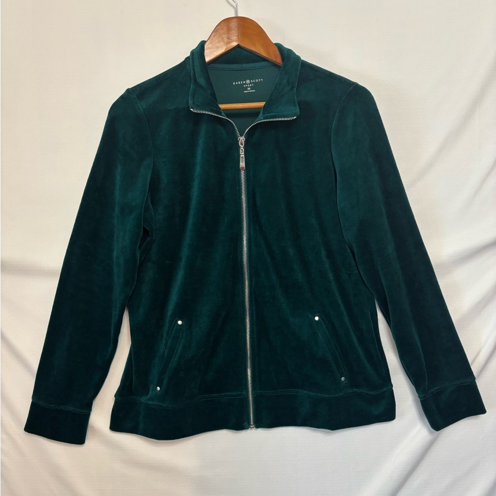 Karen Scott Dark Green Velvet Zip-Front Jacket